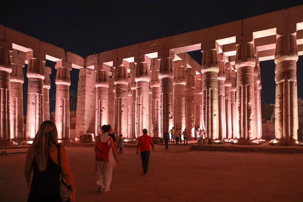 Luxor Temple lit up at night. Luxor temple is one of many excursions people have on Nile River Cruises from Cairo to Luxor and Aswan.