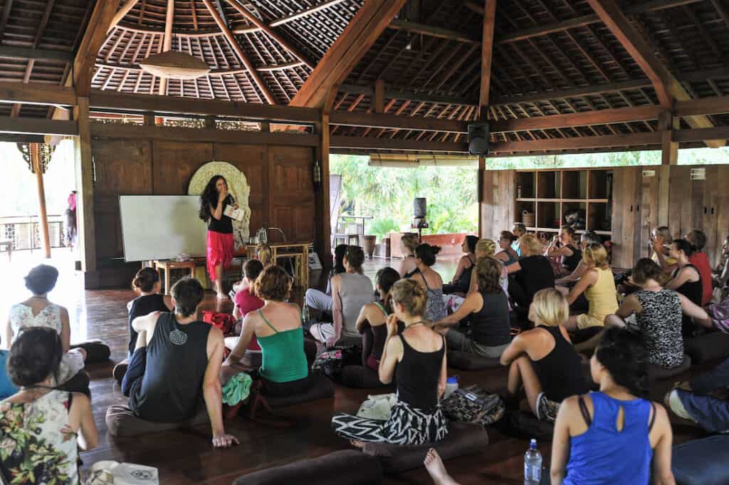 A class being held at the Yoga Barn in Ubud. The Yoga Barn is one of the most famous fitness centers in Bali. 