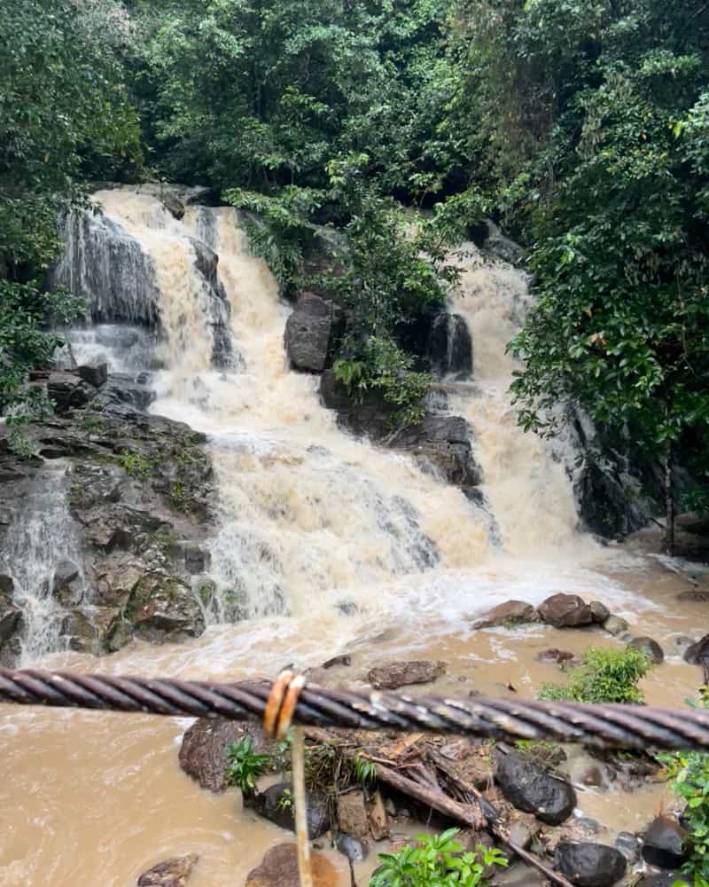 The water is brown at cunca wulang waterfall during the wet season, which runs November through April - so it's best to visit from May - October (the Dry Season).