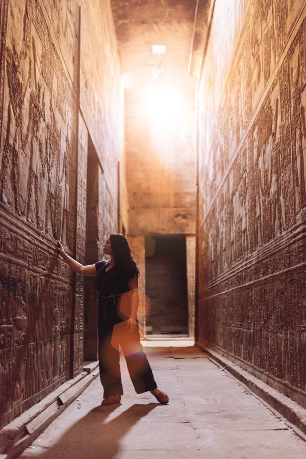 Blogger Katie Caf in the temple of Edfu in Egypt.