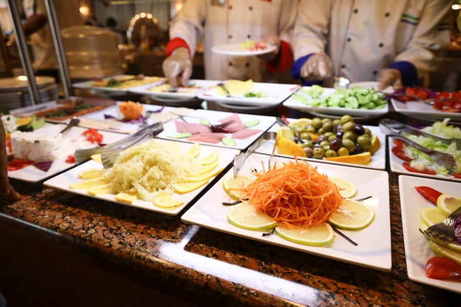 a luxury buffet meal served on a Nile River Cruise from Cairo to Luxor and Aswan in Egypt.