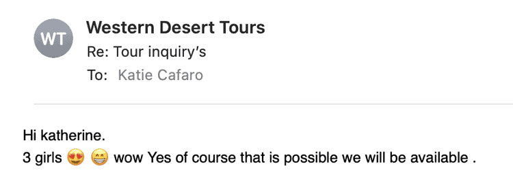 A screenshot of an email from a tour service of a guy in egypt being creepy.
