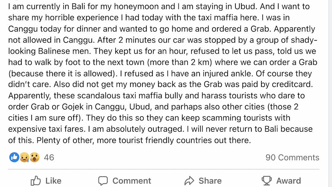 Screen grab of a recent story from a Bali Travel FB group about a traveler dealing with the taxi mafia in bali
